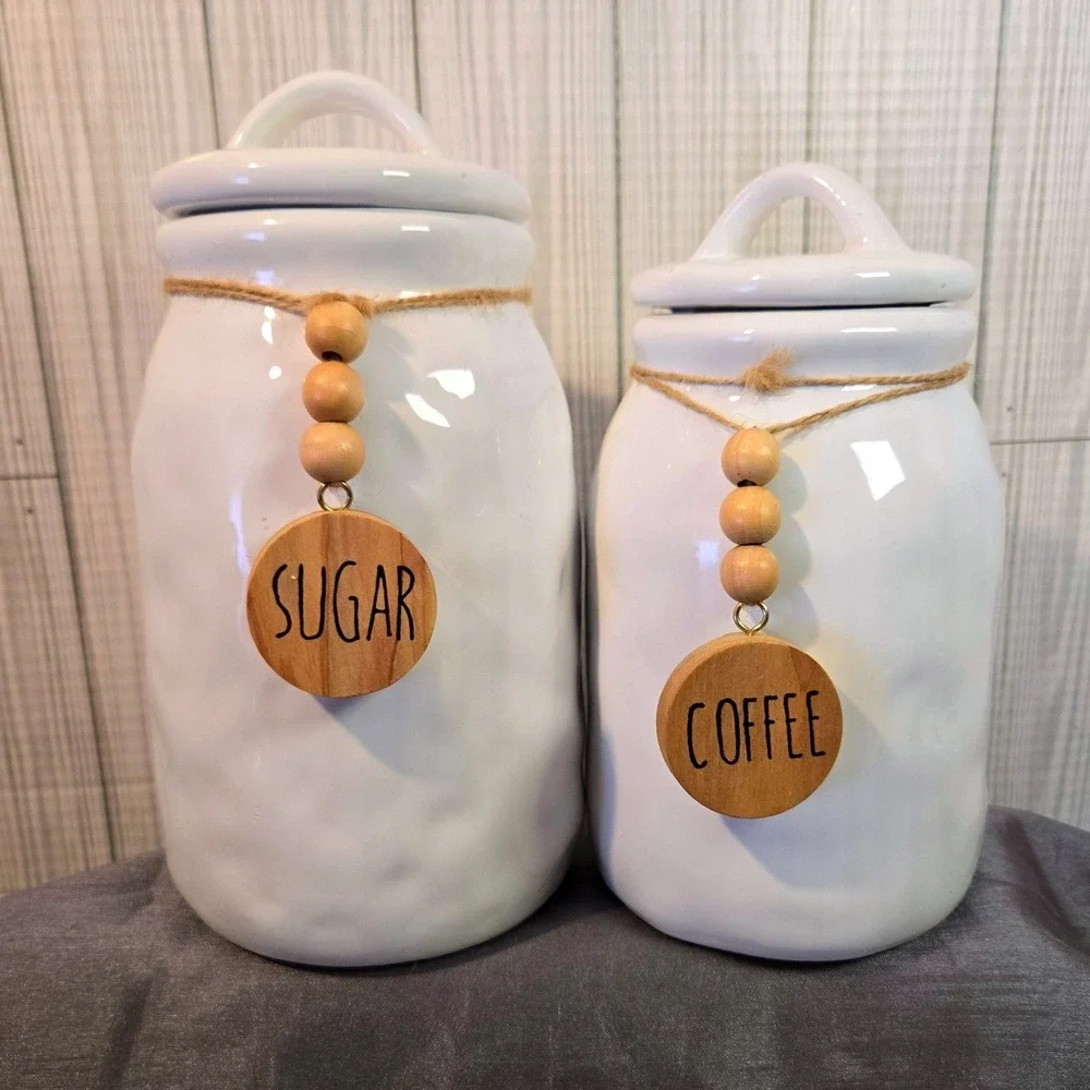 Tall Pebbled White Salt Cellar‎ Wood Tag Sugar & Coffee Canister